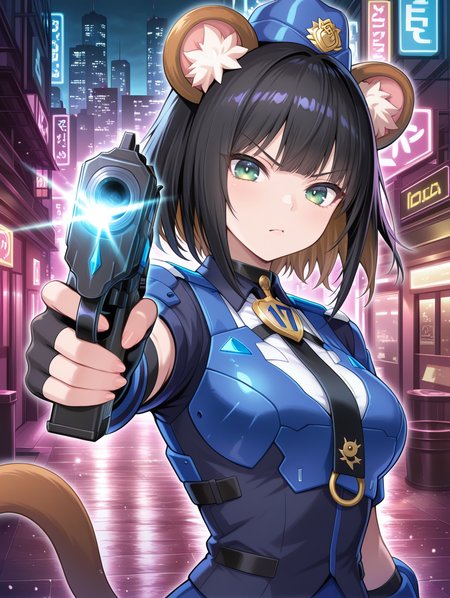 k9 city,official alternate costume,k9-17 ripper,1girl,solo,holding handgun,handgun,small arm blade,medium breasts,v-shaped eyebrows,blue garrison cap,blue fingerless gloves,black vest,black necktie,blue jacket,blue pencil skirt,white shirt,looking at viewer,aiming at viewer,upper body,
masterpiece,best quality,amazing quality,very aesthetic,absurdres,newest,<lora:K9-17 Ripper & Izuna illusXL v1.33:0.72>,