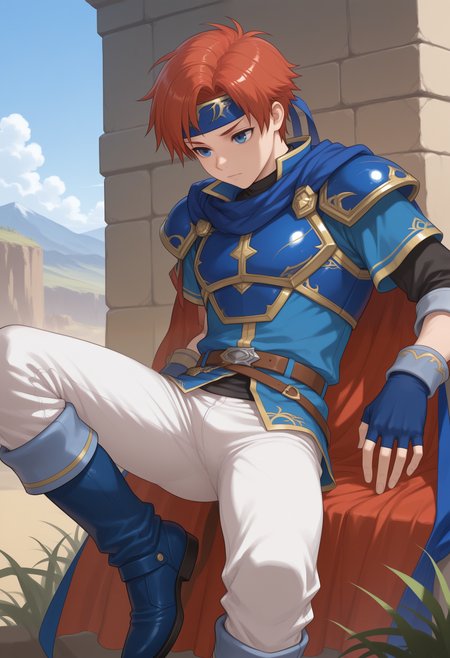 masterpiece,best quality, amazing quality,1boy, solo, r0y, red hair, black undershirt, blue boots, blue cape, blue chest plate, blue fingerless gloves, blue handband, blue scarf, blue tunic, brown belt, white pants, hurt position,

outside,