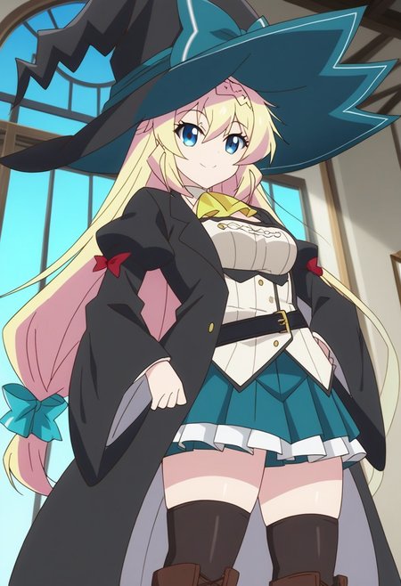 score_9, score_8_up, score_7_up, score_6_up, score_5_up, score_4_up, epic-Ultra-HD-details, epic-Ultra-HD-highlights, 2.5D-upscaled-resolution, source_anime, digital-quality, semi-realism, physically-realistic, lit, cutesie,
afrobullstyle, 
BREAK source_anime, anime, best quality, masterpiece, rating_safe, uncensored, High quality, 8k, Ultra, 
BREAK (4partment,indoors, window, scenery, cityscape),
BREAK 1girl, azusa, blonde_hair, blue_eyes, braid, very_long_hair, witch_hat, hat_bow, ascot, white_shirt, belt, puffy_sleeves, frills, pleated_skirt, brown_footwear, boots, black_jacket, bow、
BREAK ((cowboy shot)),(standing),(from below),(((from front))),
busty breasts,(((medium breasts:1.2))), (thick thighs,:1,2),
looking at viewer,smile,blush,