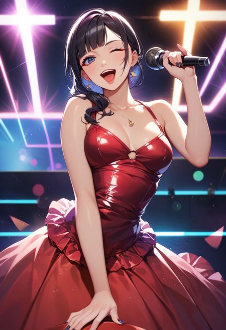 score_9, score_8_up, score_7_up, score_6_up, 
1girl, solo girl, black hair
medium breast, hour glass figure, milf, milf body
idol dress, black idol dress, 
on stage, holding microphone, looking at viewer, singing, wink, winking
cyberpunk lights, neon signs,
