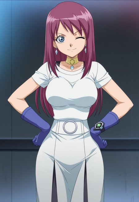 masterpiece, best quality, amazing quality, amazing quality,very aesthetic,absurdres,best quality,newest,masterpiece, breasts, anime screencap, anime artstyle, winking, happy, breasts, anime screencap, anime coloring,safe_pos, safe_pos, score_9, score_8_up, score_7_up, shirt, long skirt, gloves,Bakugan, Jenny, earrings, jewelry, blue eyes, purple hair, long hair, straight hair, hands on hips