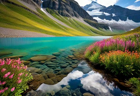(no humans, Environmental Portraiture, Naturalistic outdoors, environment, reflecting lifestyle), (a mountain glaciar melting surrounded by colorful flowers and herbs, clear water, (stony bottom visible:1.06), (high resolution), (high definition), sandbank birches, mountain meadow,)rim lighting, soft bokeh perfect details, perfect shadows, (dappled sunlight:1.12), light rays, particle lighting, high details, (reflective body decorations), (pui:0.01) (trending:0.92) )(RAW:0.96),subsurface tering,(high resolution photograph:1.28),high definition,masterpiece, <lora:LCMTurboMix_Euler_A_fix.safetensors:0.96:0.3>  p8,s1
