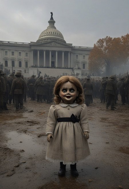 ((Annabelle is accepting her inauguration as president of the USA), (seen at the western front of the U.S. Capitol), 
[ 8k, uhd, glossy full-length photograph, horror scene , Movie Still, realisticvision-negative-embedding, in focus ]