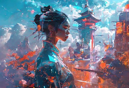 Art  by THE scandinavian Style Palette(impressionism:1.7)-----in  THE Style of Josef kote----
Cinematic composition perspective, Fractured, impressionistic 
((masterpiece, best quality, extremely detailed, absurdres)),(cyberpunk illustration, dynamic lighting), flying above a futuristic sci-fi  Chinese city lit by jade fires, 1girl, artistic use of contrasting colours and brightness, beautiful face, resplendently highlighted.
double exposure
(guarded by a Chinese dragon made of cloud:1.2), two broken moons can be seen in the sky, fullbody, dress, <lora:flat2:-1.8>, 8k, very fine detail, cinematic composition and lighting, gold leaf highlights
Resplendent spotlighting.