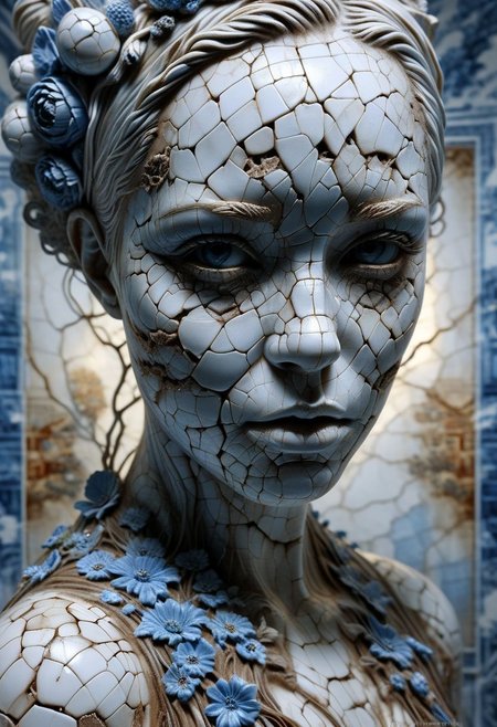 Close-up porcelain face, mysterious silhouette of a porcelain woman in worn down porcelain clothing, white and blue porcelain, alluring goddess, by Minjae Lee, Carne Griffiths, Emily Kell, Steve McCurry, Geoffroy Thoorens, Aaron Horkey, Jordan Grimmer, Greg Rutkowski, amazing depth, double exposure, surreal, geometric patterns, intricately detailed, bokeh,  perfect balanced, deep fine borders, artistic photorealism , smooth,  great masterwork by Suiras  <lora:add-detail-xl:2>  <lora:Double_Exposure:0.5>