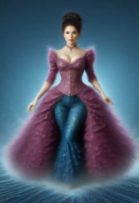wm_cyber, wild west, sci/fi lab, female, black hair, big hair, pony tail, hour glass figure, colorful Victorian dress, high detail, perfect face, 28 years old, fully dressed,