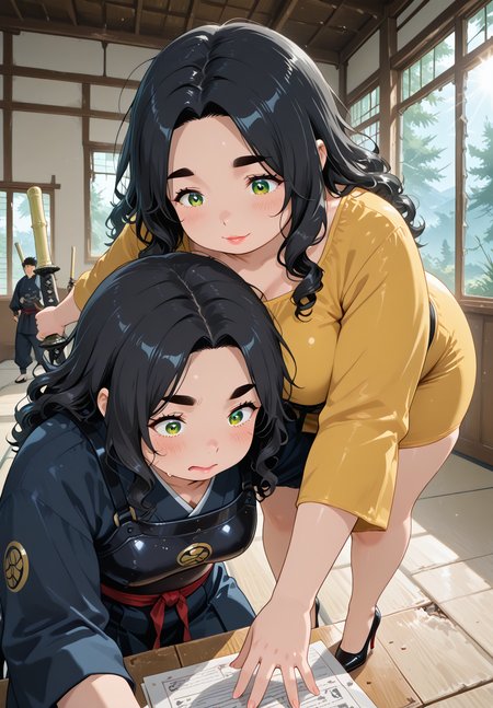IllusP0s, PonyScores7, source_anime, ah1, IllustriousQual, interesting, exciting, spectacular, wonderful, amazing quality, absolutely eye-catching, very awa,
BREAK <lora:xl_more_art-full_v1:0.2>, <lora:aesthetic_anime_v1s:0.2>, <lora:detailxl:0.2>, detailxl, amazing quality, best aesthetic, absurdres, illustration, Volumetric_Lighting, ultra-detailed, very aesthetic, intricate details, best_quality, lazympos, <lora:Add_Details_v1.2:0.4>, <lora:quality_modifiers_masterpieces_v1:0.2>, anime style, <lora:HDA_Detailer:0.3>, <lora:natsumi_style:0.2>, <lora:by_usakun-pony:0.2>, by usakun, <lora:Akina_Bbw_Style_-_PonyXL:0.2>, AkinBw,
BREAK (((Thumbing forward, thumb extended, hand reaching))), dynamic pose,
BREAK 1girl, mature female, (curvy), round-chin, caucasian, <lora:ETO_OC_Illustrius:0.5>, eto_oc, skindentation, (plump), thick thighs, wide hips, busty, voluptuous, round ass, large breasts, <lora:plussizegirls_IL:0.3>, <lora:plussizegirls_pony:0.3>, <lora:shinyskin2:0.2>, glistening skin, HDA_FatGirlXL, <lora:perfection style:0.2>, perfection style, perfection, 
BREAK ((vibrant yellow wrap dress with black lace accents and stiletto heels)),
BREAK (curly hair), long hair, (black hair:1.4), (parted hair:1.7), messy hair, kinky curls, detailed hair, <lora:hairdetailpxl:0.2>, hairdetailpxl,
BREAK (half green and brown eyes), (colorful eyes), (multicolored eyes), (downturned eyes:1.4), expressive eyes, perfect eyes, eyes hd, detailed eyes, (round face:1.2), (thick eyebrows:1.3), (plump face), lips, <lora:Round_face:0.2>, iris lines, <lora:Detailed eyes-Illustrious:0.3>, iris and pupil, soft shimmer on the iris,
BREAK (((looking down expression))), Expressive, emotional, looking at viewer, Face Detailed, <lora:Expressive_H:0.2>, Expressiveh, <lora:Emotional_Anime_Expressions_PonyXL_Concept:0.2>, <lora:Best_Facial_Expression_LoRA_PONY:0.2>, looking at viewer, <lora:Detailed expressive EXEV style -XL Pony V1.0:0.2>, FaceDetail, <lora:Best_Facial_Expression_Helper_XTREME_ILLU:0.4>, kaogei,
BREAK (((Sunlight filters through the paper windows of a traditional dojo, Students clad in white kendo armor face each other, their bamboo swords clashing with a sharp snap as they practice their strikes))), (((behind a broken window frame))), 4k, 8k, Ultra HD, Masterpiece, Best quality, Detailed background, foreshortening, extreme perspective, full_details, <lora:AddMicroDetails_Illustrious_v4:0.3>, addmicrodetails,