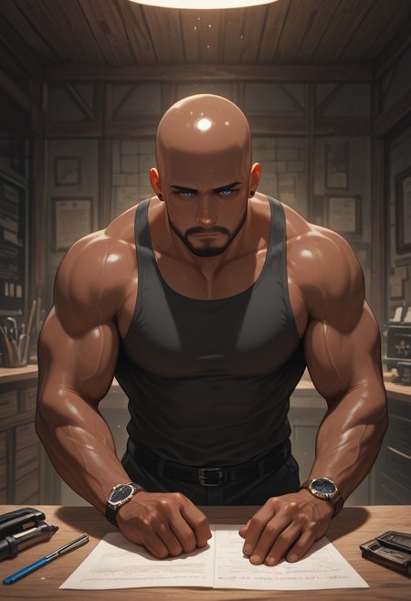 masterpiece, best quality, amazing quality, absurdres, newest, detailed background, definition so sharp, Ultra-HD, 8K cinematic, very awa, impressionate, amazing quality, highres, 
1boy, mbti_estj, muscular man, mature man, bald, dark skin, facial hair, blue eyes, watch, solo, artisan workshop, warm light, wooden textures, tools, focused, concentrated, calm demeanor, natural materials, hands at work, craftsmanship, details, soft shadows, inviting atmosphere, high quality, aesthetic