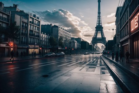 Dystopian futuristic Paris, photorealistic, great shot, year 2300, cyberpunck