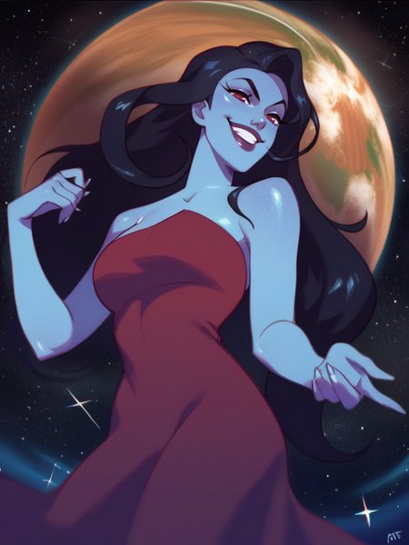 score_9, score_8_up, score_7_up, 1girl, evil smile, looking at viewer, smile, cowboy shot, (dynamic pose:1.1), dynamic angle, sexually suggestive, cosmic, space, stars, earth \(planet\), 
 <lora:ASinbadEris_character:0.85>, ErisXLP, long hair, black hair, colored skin, red eyes, strapless, dress, blue skin, clean skin, big breast, <lora:KajinmanLycoXL:0.7>,