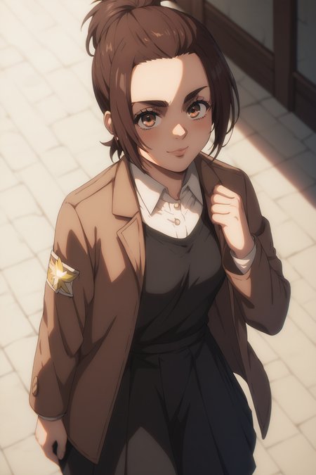 score_9, score_8_up, score_7_up, BREAK source_anime, <lora:gabi braun-PonyXL-lora-Faxtron:0.8> gabi braun, brown eyes, brown hair, single hair bun, black dress, jacket, loafers,