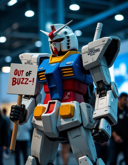 <lora:Gundam_RX78_Flux:1> RX-78,Gundam, RX-78, Beneath the fluorescent lights of a tech convention, the Gundam suit is a beacon of innovation. Unfortunately, he is holding  a sign  saying "Out of Buzz :( !". This spectacle highlights the incredible potential of wearable technology in enhancing human performance