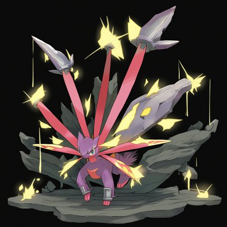 <lora:pokemon_pony_xl:0.5>, Type: Rock, Type: Rock Egg Group: Flying The creature's sigh releases a Copper mist that can cause plants around it to bloom out of season,The animal's snore sounds like a gentle Purple melody, often lulling nearby creatures to sleep.,Its tail is bifurcated, with each end featuring a Silver tuft that is used in sensory perception and communication,Its heartbeat sends ripples through the ground a Magenta throb that can be felt by those nearby,The animal's footfalls cause the ground to emit a Gold glow marking its passage through the Steel realm,Its tail feathers are elongated and Magenta, capable of creating mesmerizing patterns in the air to communicate,Its hind limbs contain pockets of Dark Fairy gas, enabling brief bouts of flight,The creature has a set of gills, hinting at an evolutionary aquatic past,Its fur patterns shift and change forming Red symbols that are said to predict Steel events,Its wings have a unique Gold membrane that can absorb sunlight and convert it into energy, score_9, score_8_up, score_7_up, score_6_up, score_5_up, score_4_up.  Simple black background, (Masterpiece:1.3) (best quality:1.2) (high quality:1.1)