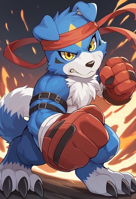 high res, best quality, gaomon_digimon, furry, headband, solo, 1boy, claws, fighting stance, yellow eyes, <lora:Gaomon_Digimon:1>