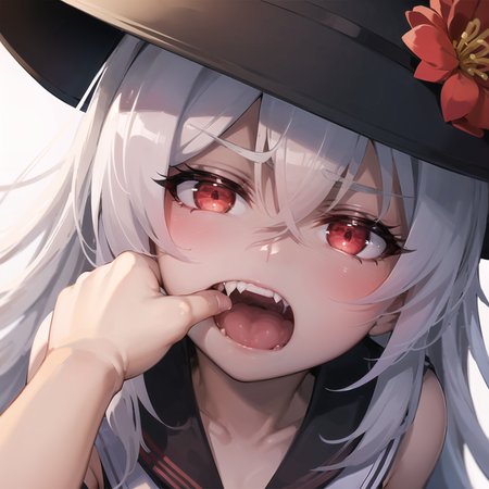 2d, masterpiece, best quality, anime, highly detailed eyes, highly detailed face, highly detailed background, pov, pov hands, finger in another's mouth, open mouth, fang, slit pupil, glowing eyes, serafuku, long straight white, hair,fang,  lycoris flower,(red, black),<lora:fangInspectionDay_10AOM2:1>