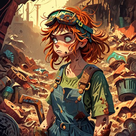 score_9, score_8_up, score_7_up, score_6_up, score_5_up, score_4_up, 32yo feminine curvy woman solo,ginger hair, overalls, green sports-bra, tool belt, googles on head scr4pyard, outdoors, rubble, trash, sunset, rust,  scrap metal,CartoonDetailer