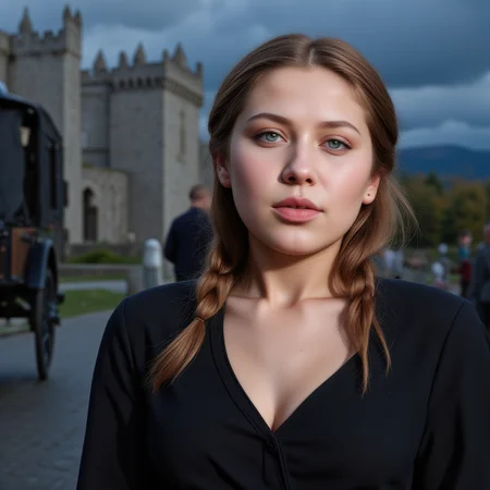 A petite 18-year-old Northern European Russian girl, (freckles:1.4), exudes both innocence and passion, with an ethereal, supermodel-like physique. Her long, slightly wavy brunette hair is (styled in a French braid), and her soft, delicate face is defined by rosy cheeks and bright, (blue-green eyes with long, curled lashes:1.3).( Her lips are full and textured, with fine veins across them. Her body is athletic and slender:1.2), <lora:Swamp_Flower_Flux_29_04_25:1>, uncensored photo, petite young woman, 18-year-old Northern European Russian girl, (height 165 cm, chest 130 cm, waist 60 cm, hips 90 cm), brunette, long slightly curly hair, greenish-blue eyes, long thick eyelashes, (large, plump, natural slightly saggy breasts:1.5), 
(young aristocratic woman arriving at remote gothic castle, heavy mourning gown with lace veil, stormy twilight sky, horse-drawn black carriage, apprehensive and innocent expression, cinematic tension, Loic Dubigeon style, subtle erotic charge,), <lora:aidmaMJv7:0.4>, aidmamjv7, <lora:Add_More_details_Flux:0.8>