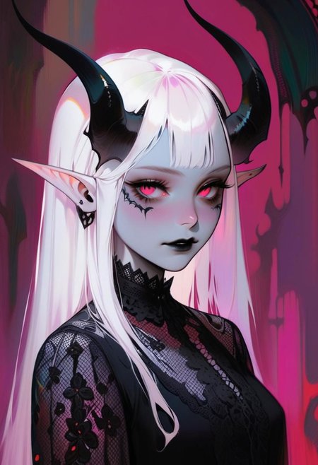 pale demon girl , prismatic coloring, holographic vibe, chromatic black lace blouse, gothic background, (long straight horns:1.2)