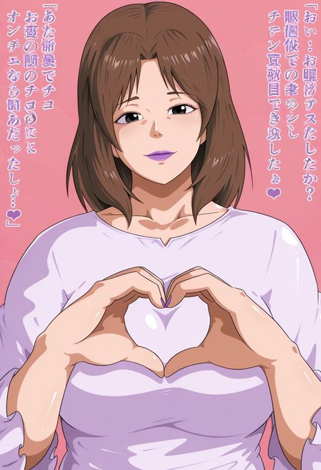 tonsuke,, 1girl, solo, medium build, medium hair, sfw, safe for work, covered skin, flowy dress,  black eyes, purple lipgloss, smiling, portrait, upper body, heart hands, mature female, foreshortening, detailed, newest, shiny skin, cowboy angle, solo focus, medium breasts,