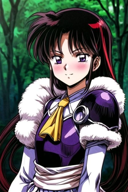 best quality 1girl Setsun4 solo long hair,  (night time) forest background black hair very long hair purple eyes multicolored hair armor, small, (fur trim) (medium body),<lora:EMS-179-EMS:0.800000>,<lora:EMS-293862-EMS:0.800000> bow, hair_bow, hair_tubes, red_bow, brown_hair, long_hair, bangs, ascot, frilled_bow, yellow_ascot, blush, smile, hair_between_eyes, athletic, armor, miko,  Smiling, happy, dragoon helmet, (helmet)
