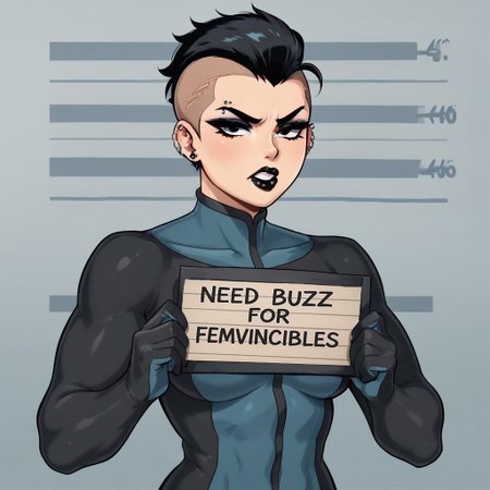 score_9, score_8_up, score_7_up, score_6_up, score_5_up, score_4_up, Expressiveh, 1 girl, solo, Mohawk_Mark, mohawk, black hair, black eyes, black lips, bodysuit, makeup, piercings, ear piercings, temple piercing, angry, holding sign, mugshot, mugshot wall.