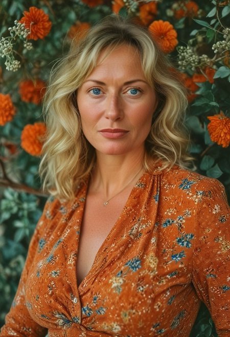 hyper realistic photograph, RAW photo, CANNON DSLR, surreal digital photograph featuring a 36yo woman with striking features, blonde, blue eyes, freckled skin, red and Ochre dress, floral patterns, partially obscured by a bouquet of autumnal flowers