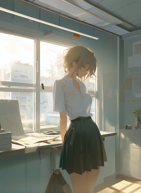masterpiece,best quality,great quality,good quality,normal quality,low quality,worst quality,
1girl,looking_at_viewer,white_shirt,skirt,indoor,sunny,noon,
score_9,bust,