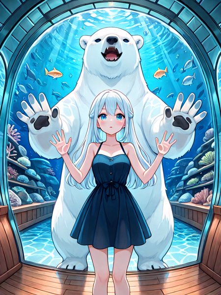 absurdres, explicit, aquarium tunnel, aquarium, polar bear, gigantic animal, underwater, hands on glass, 1girl, short dress, window, reflection, hallway, wooden floor, upper body, <lora:girllikedolphinunderwater_ilxl:0.8>