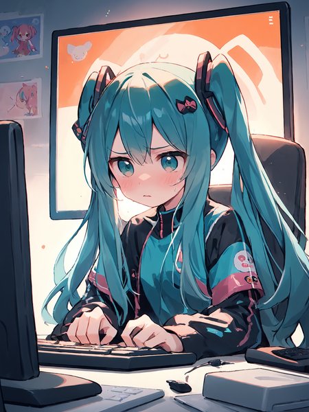 <lora:dagongrenx_xl:1>,(\da gong ren\)ï¼miku,computer,
