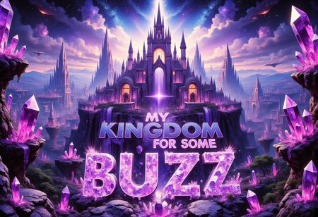 sparkling amethyst crystals, magical kingdom, castle, caption that reads “My kingdom for some BUZZ”, aidmatextimprover