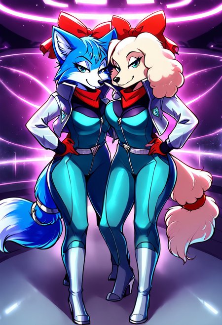 score_9, score_8_up, score_7_up, score_6_up, highest quality, detailed, great lighting, beautiful, masterpiece, 4k, clean, crisp, cinematic, 2girls, duo,
BREAK
Krystal_StarFox, anthro fox, fox girl. blue fur, white muzzle, blue hair, blue jumpsuit,
BREAK
Fay sinclair, anthro poodle, cocker spaniel, dog girl, white fur, furry ears, teal jumpsuit, red neckerchief,
BREAK
embrace, hug, standing, anthro, curvy, clothed, open jacket, looking at viewer, bedroom eyes, seductive look, side by side, smile, equal height