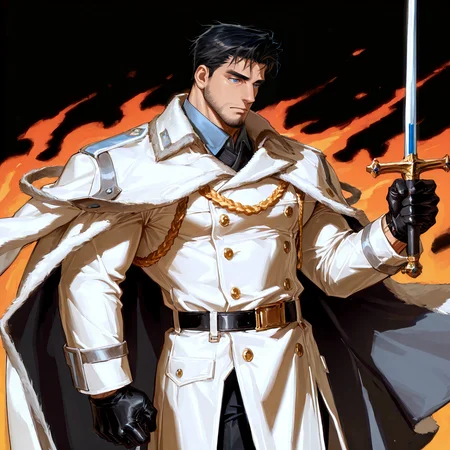 <lora:Gilfred__Alchemist_Code-000003:.7>, tagatamegilfred, gilfred_black hair, gilfred_military suit, 1boy, black hair, short hair, blue eyes, solo, male focus, manly, bara, mature male, muscle body, coat, shirt, gloves, pants, boots,
cowboy shot, 
(very short hair, beard, bara, mature, facial hair, stubble, beard, full beard, sideburn, beard, a lot of beard, ), facial hair,male focus, muscular male, muscular male, bara, mature,  bara, mature, aixiwuganda_(20222192), very awa, masterpiece, best quality, absurdres, newest, perfect quality, detailed background, intricate details,
<lora:slider_Body Type_alpha1.0_rank4_noxattn_last:3><lora:Anime Summer Days 2 Style SDXL_LoRA_Pony Diffusion V6 XL:.6><lora:slider_cfg_scale_boost:.7><lora:Artist6p:.55>, Artist6p, Artist04p,<lora:slider_il_brightness_slider_d1:-1><lora:slider_il_contrast_slider_d1:-1><lora:slider_DarkSlider1.2_alpha1.0_rank16_full_300steps:-.6><lora:slider_contract_controller_illus01_v1:.5>,