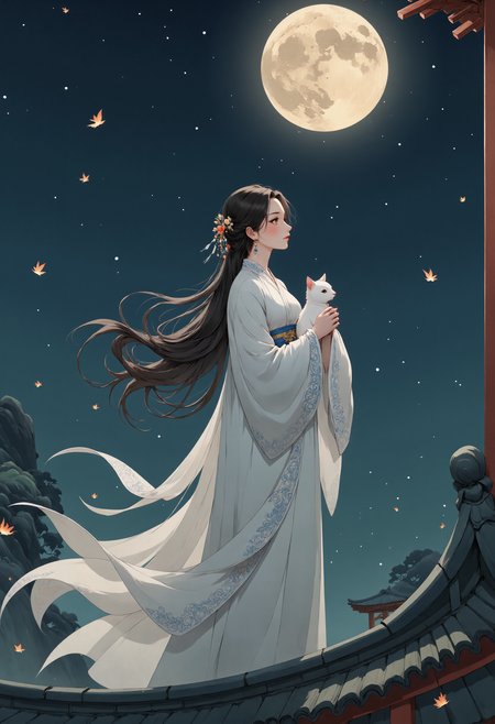 p1nktrad1t10nalch1n3s3styl3, A beautiful traditional Chinese woman stands gracefully on the edge of a roof, her elegant silhouette outlined against the dark night sky. In her arms, she gently cradles a small, adorable cat, both of them gazing up at the full, round moon that illuminates the heavens with a soft, ethereal glow. Her delicate robes, embroidered with intricate patterns, flow gently in the night breeze, catching the faint light of the moon. The womanâs serene expression reflects a quiet sense of contemplation as she stands in harmony with her feline companion, both lost in the peaceful beauty of the moonlit night. The moment is filled with a sense of longing and timeless beauty as they silently share the tranquility of the scene  <lora:Chinese_Traditional_Painting_no_captions:0.8>   <lora:Ethereal_EasternV2:0.55>