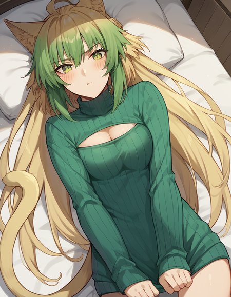 score_9, score_8_up, score_7_up, source_anime, <lora:fgo-atalanta-ponyxl-lora-nochekaiser:1>, atalanta, animal ears, blonde hair, cat ears, cat girl, cat tail, green eyes, green hair, hair between eyes, long hair, multicolored hair, tail,, <lora:open-chest-sweater-ponyxl-lora-nochekaiser:1>, open-chest sweater, ribbed sweater, cleavage cutout, meme attire, clothing cutout, turtleneck, sweater dress, cleavage, clothes tug, sweater pull, cleavage reach,, indoors, bed, bed room, blush, on bed, on back, , cowboy shot, dutch angle