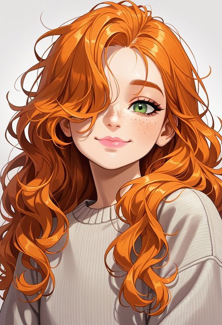 1girl, fhb, extremely detailed, detailed face, detailed clothes, detailed eyes, green eyes, make up, looking at viewer, closed mouth, smiling, pink lips, puffy lips, dark orange hair, wavy hair, long hair,  hair covering one eye, detailed hair texture, detailed hair shading, blonde hair highlights, freckles, detailed freckles, light gray sweater, medium shot
,masterpiece,best quality,amazing quality,