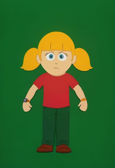 score_7_up, BREAK, penny \(inspector gadget\), 1girl, solo,blonde hair, twintails, blunt bangs, blue eyes, red shirt, green pants, reinforced knee, brown shoes, wristwatch, reinforced knee, chibi, SPstyle, source_cartoon, 2D