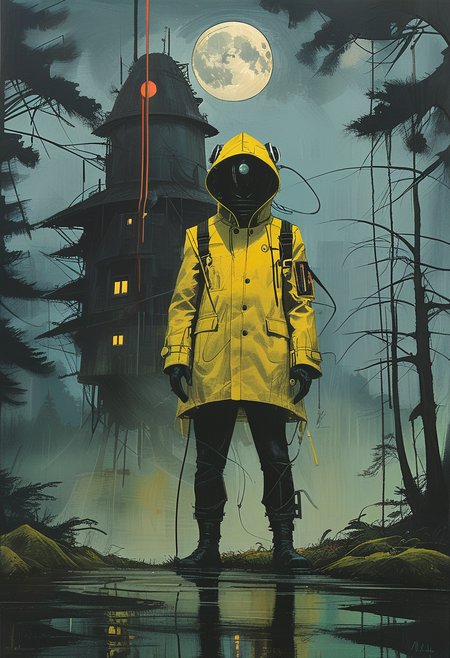 landscape, futuristic and dark building, mist, primary forest in the background,, , oil painting, full moon, complementary colors, dynamic framing, man in raincoat, masterpiece,  ssta, style of Jim Mahfood,