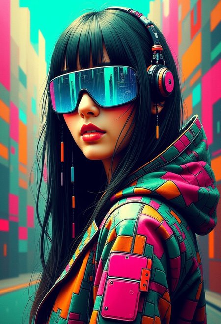 masterpiece, ((inkpunk cell-shaded style)), realistic painting, portrait of a beautiful cyberpunk girl, mad-cybrpnkimprss, abstract background of cyberpunk street