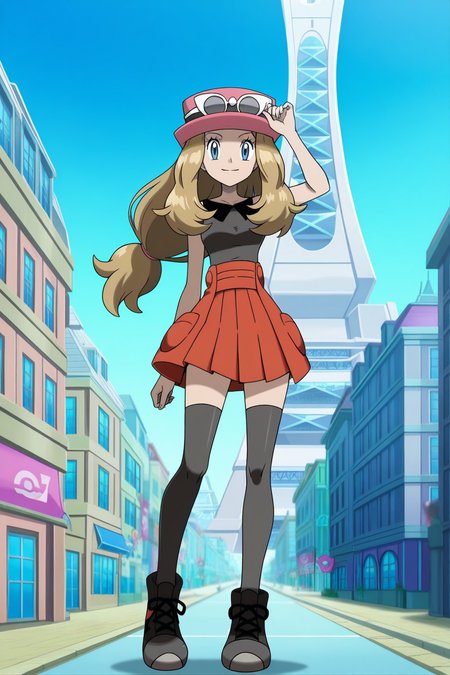 anime, animification, anime screencap, anime coloring, vivid colors, depth of field, high quality, highres, lumiose city, 1girl, serena \(pokemon\),1girl, solo, long hair, hat, blue eyes, skirt, blonde hair, full body, smile, thighhighs, sunglasses, standing, sleeveless, low-tied long hair, shirt, black footwear, pink headwear, red skirt, looking at viewer, sleeveless shirt, pleated skirt, eyewear on head, eyewear on headwear, adjusting headwear, shoes, black shirt, very long hair, sky, day, tower, prism tower, blue sky, building, scenery, city, road, street
 <lora:Lumiose_city-10:1>