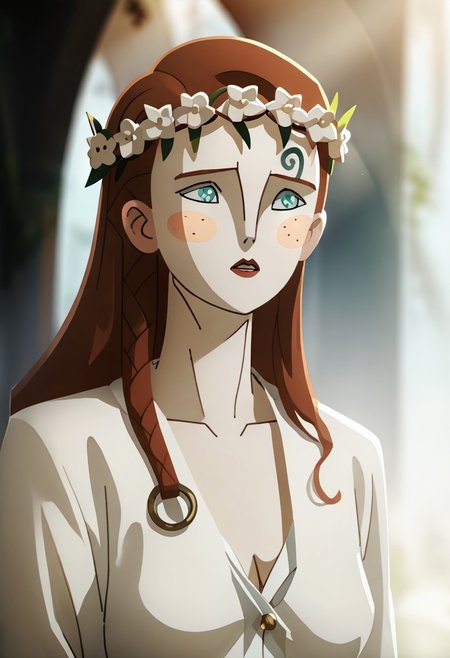 score_9, score_8_up, score_7_up, source_anime, expressive, anime,  dynamic, 1girl, white skin, blush_stickers and freckles, long hair, red hair, red_lips, aqua_eyes, shy, blush, uncensored, (S1GR1DTotG), source_hentai, unbuttoned, white_dress, breasts, blurry_background, head_wreath,