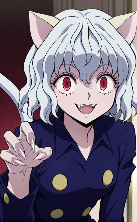 masterpiece, best quality, highres, newest, 1girl, solo, official style,  <lora:Noobai_Neferpitou:1>, neferpitou, white hair, red eyes, cat girl, cat tail, blue collared shirt, indoor, looking at viewer, smile, upper body, paw pose, open mouth, fangs, sharp fingernails, four fingers