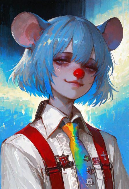 amazing quality,masterpiece, best quality, good quality, newest,very aesthetic, absurdres,  newest, disco_elysium, art by Alexander Rostov, art by greg rutkowski and artgerm, soothing tones, calm colors, rough brush strokes, 1girl, solo, upper body, slim face, eyes covered with hair, seductive smile, blue hair, rat ears, short hair, goth, smeared makeup, dishelved, white office shirt, communist badge, red_suspenders, red clown nose, rainbow tie, rainbow background, <lora:disco_elysium:1>  <lora:748cmSDXL:0.8> 748cmstyle, <lora:ponyv6_noobV1_2_adamW:0.7> <lora:GBF_Illustrious:0.4> gbf_style,  <lora:USNR STYLE_XL_loha:0.45> usnr, <lora:V5.1_retrain:0.6>
