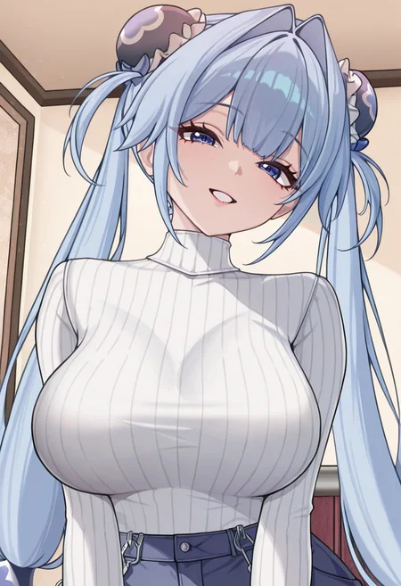 masterpiece, best quality, hires, absurdres, newest, 1girl, solo, <lora:hansel-nikke-richy-v1_ixl:1> hnsel, blue eyes, blue hair, very long hair, twintails, hair intakes, double bun, bun cover, large breasts, turtleneck sweater, ribbed sweater, white sweater, indoors, parted lips, looking at viewer, smile