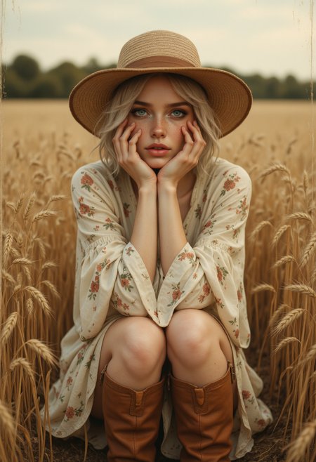 analog film photo 22yo Ukrainian Woman in a simple, vintage 1920s peasant dress with a playful floral pattern knee-length, paired with sturdy brown boots, posing waist-high with a joyful, carefree expression, freckles, wheat field, short bobbed hair under a wide-brimmed straw hat. Hyper detailed captured from a front view highlighting a nostalgic and cheerful composition, playful pose, photorealistic, soft vibrant colors, ultra detailed, skin pores, sharp focus, studio photo, intricate details, highly detailed., <lora:aidmaFLuxPro1.1_v0.3:0.5> aidmafluxpro1.1 . <lora:OBååå®èåç»V2.0:0.6> obxiaoxiang <lora:FluxD3tailedP0rtraits:0.4> . faded film, desaturated, 35mm photo, grainy, vignette, vintage, Kodachrome, Lomography, stained, highly detailed, found footage