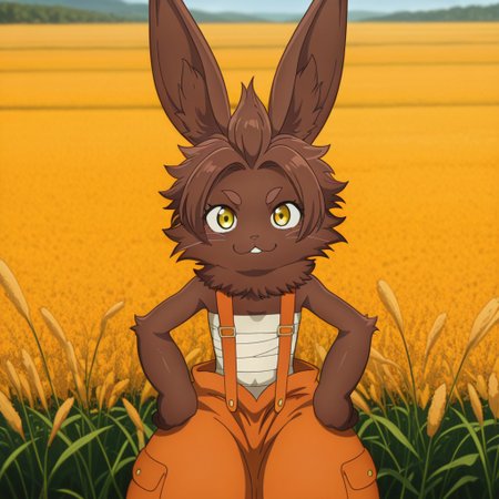 masterpiece, best quality, amazing quality, BilacslfILv2, semi-anthro, female, rabbit, brown fur, whiskers, brown hair, gold eyes, orange overalls, sarashi, in a field, <lora:520762fb-bf0b-40b2-8838-7eb38338f376:1.0>
