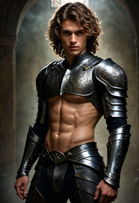 a dramatic fantasy portrait of an epic rough 21yo man knight, medium length  wavy hair, intricately detailed, iliac lines, slim thighs, perfect eyes, chiaroscuro, <lora:sdxl_lightning_8step_lora:1>