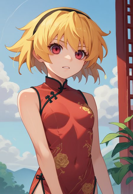 score_9, score_8_up, score_7_up, source_anime, 1girl, Satornd, blonde hair, red eyes, hairband, china dress,  <lora:Satoko-000011:1>