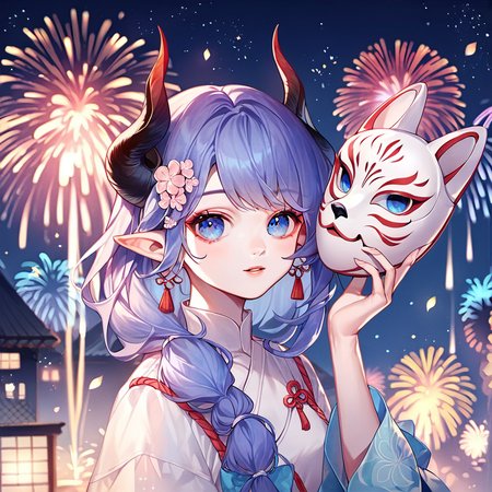 score_9, score_8_up, score_7_up, score_6_up, score_5_up, score_4_up,
<lora:cute_style_pony_v2:0.6>,CuteStyle,cuteeyes,,
 1girl, fireworks, mask, blue eyes, horns, solo, pointy ears, jewelry, looking at viewer, holding mask, sample , hair ornament