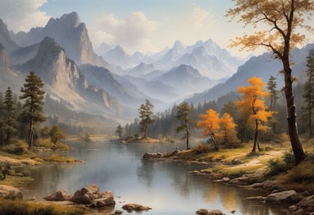 Albert Bierstadt, Rocky Mountains
 (Chinese landscape painting), (ink and watercolor painting), (8k wallpaper), (Light and Shadow Effect), rendering by octane, White balance design, Extremely detailed image representation, Wide angles, depth of fields, masterpiece, realistic, beautifully portrayed, a detailed, accurate, Masterpieces, masterpiece 