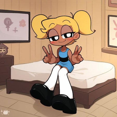 score_9, score_8_up, score_7_up, score_6_up, score_5_up, score_4_up, BREAK, source_anime, connie_maheswaran, indoors, short twintails, blonde hair, small breasts, black footwear, white thighhighs, smile, smug, blush, blue top, sleeveless, blue miniskirt, peace sign, pantsless, powerpuff, dark-skinned female, 1girl, sitting, indoors, living room, on bed,